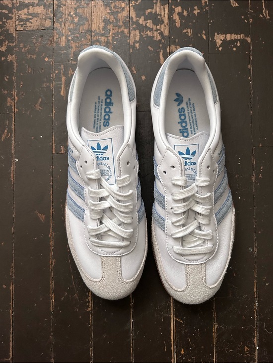adidas Shoes - adidas White with Light Blue Three-Stripe Low-Top Samba Sneakers-Brand New